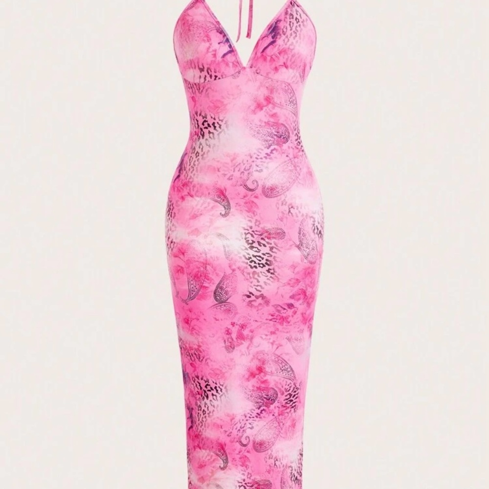 Vibrant Pink Bodycon Maxi Dress with Plunge Neckline for Cocktail